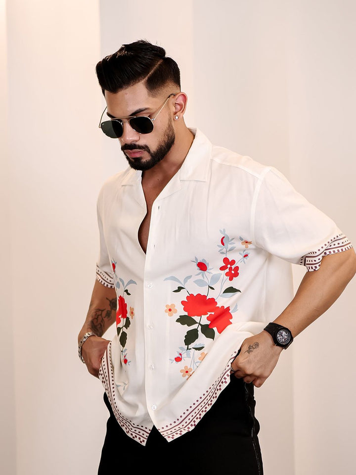 Eszett Men Floral Printed Cuban Collar Casual Shirt