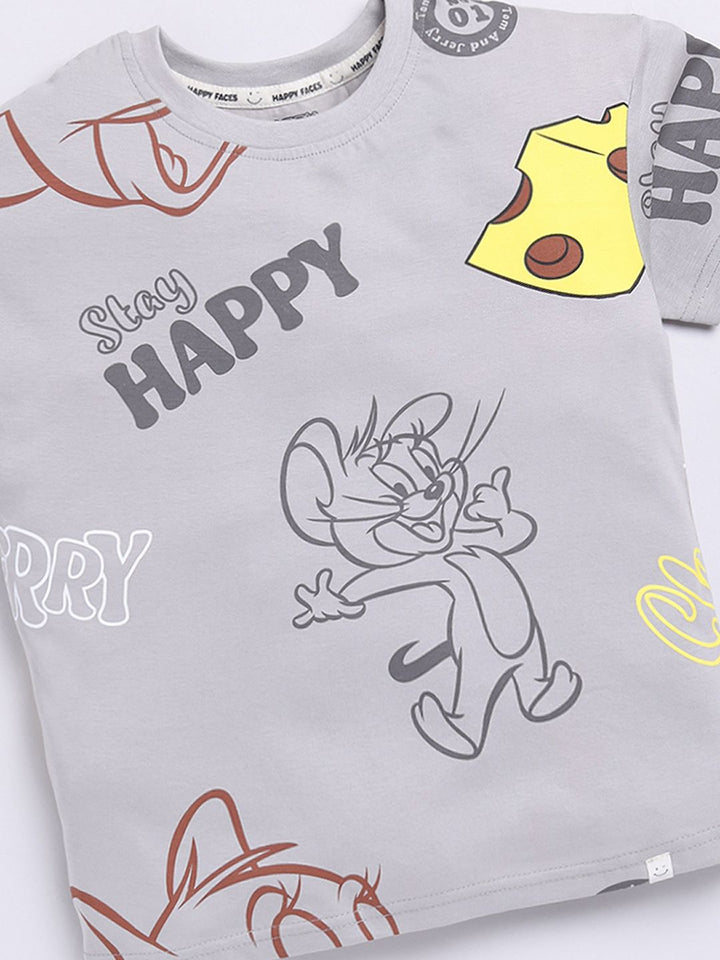 Happy Faces Boys Tom & Jerry Print Drop-Shoulder Sleeves Pure Cotton T-shirt