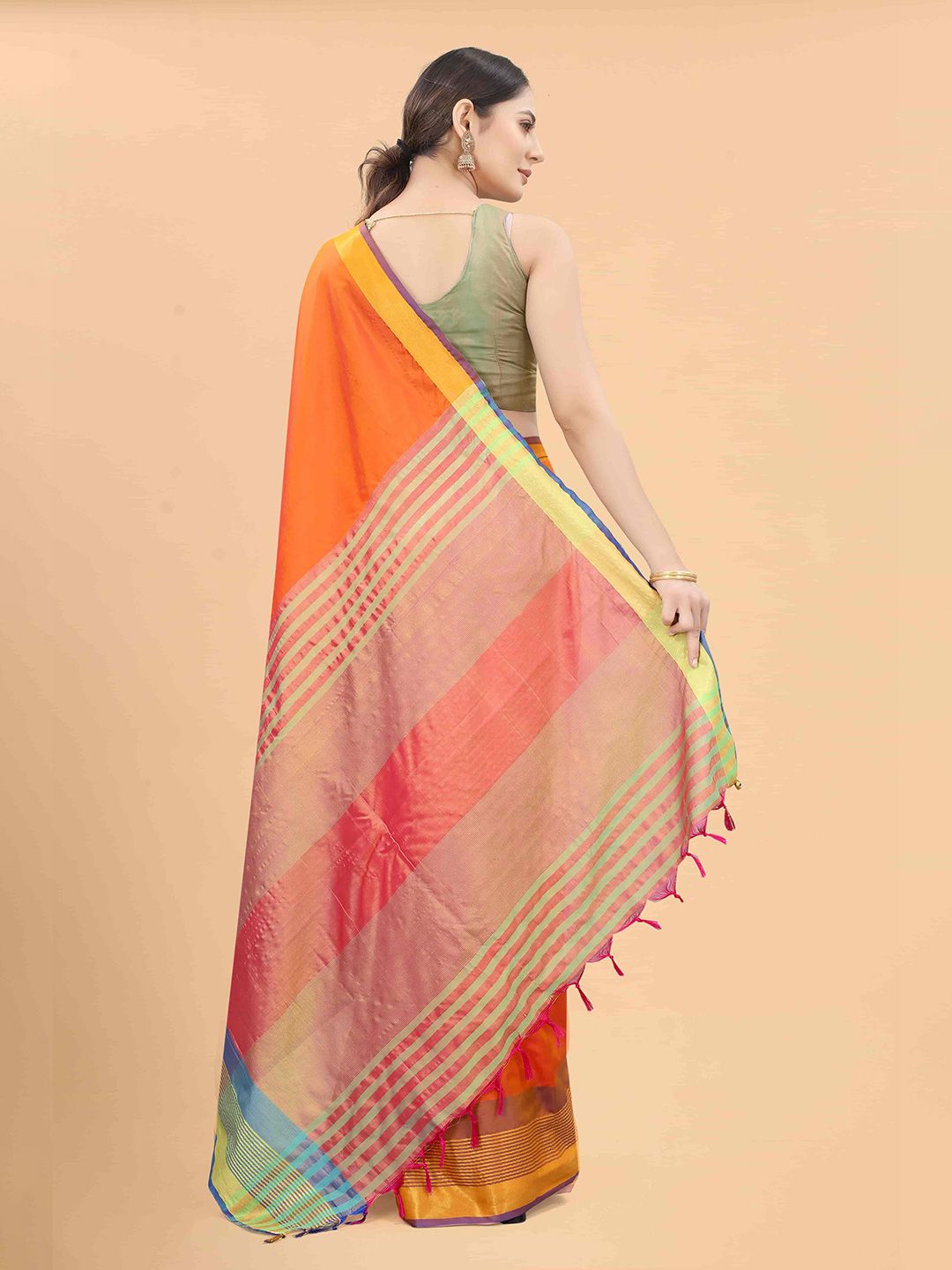 Silk Land Orange & Blue Zari Art Silk Arani Saree