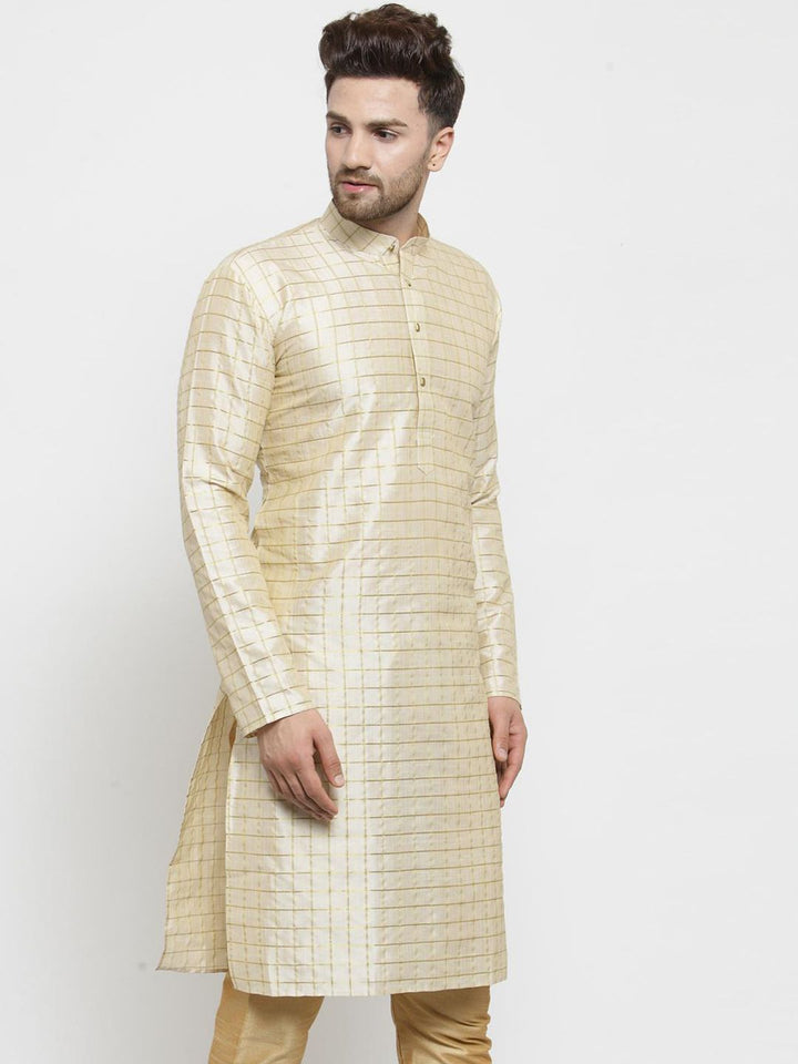 SOJANYA Men Beige & Golden Checked Straight Kurta