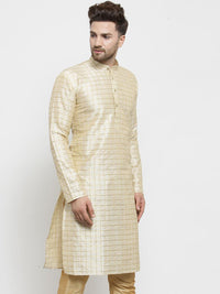 SOJANYA Men Beige & Golden Checked Straight Kurta