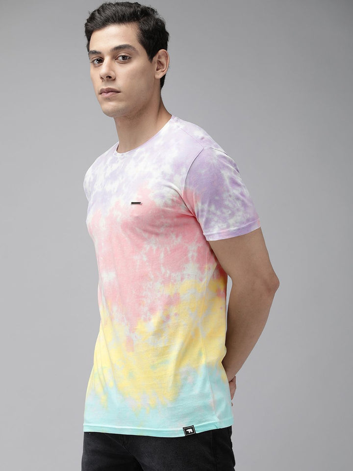 THE BEAR HOUSE Men Pink & Yellow Tie and Dye Pure Cotton Slim Fit T-shirt