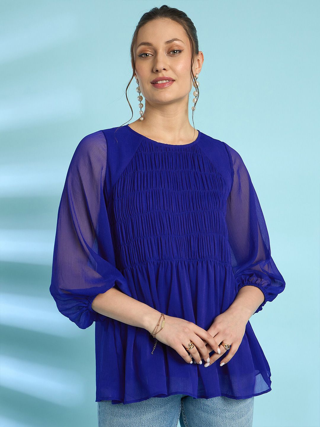 Antheaa Blue Puff Sleeves Smocked Detailed A-Line Top