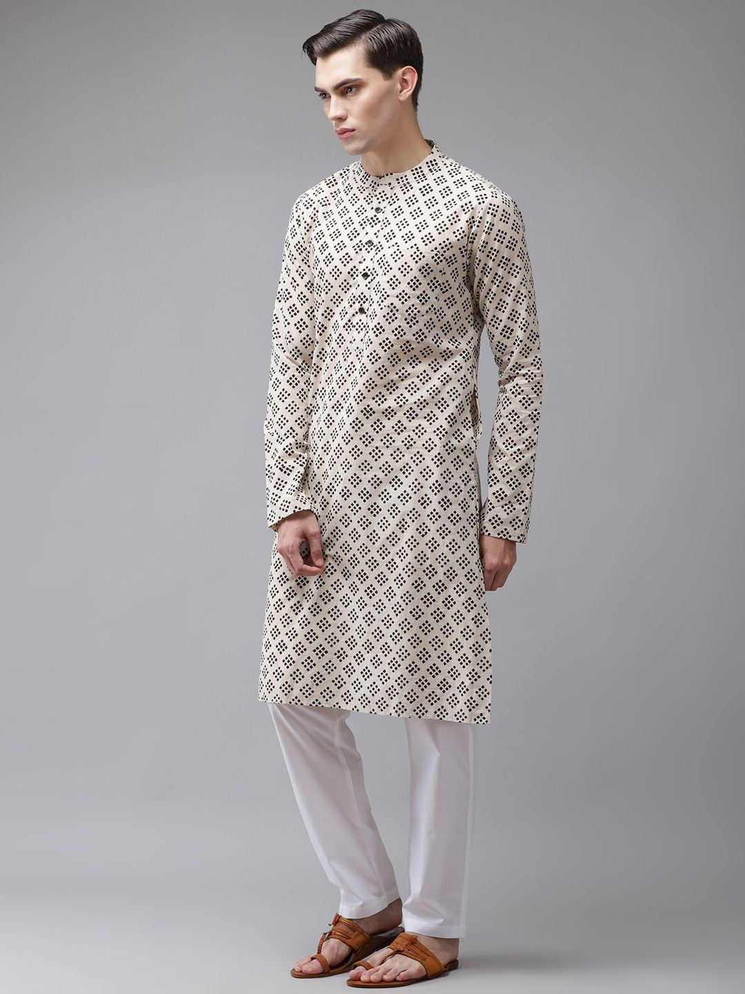 See Designs Men Beige Printed Regular Pure Cotton Kurta with Pyjamas