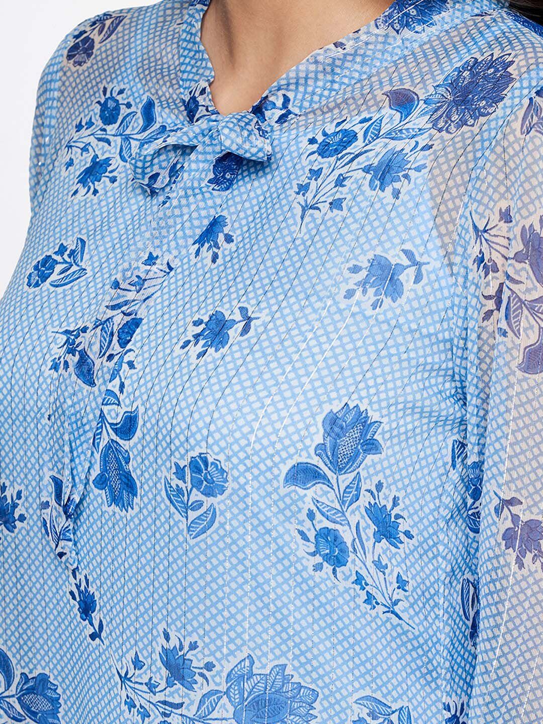 Global Desi Floral Tie-Up Neck A-Line Dress