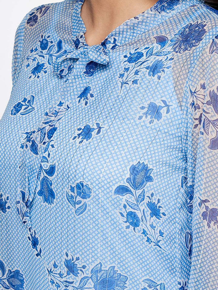 Global Desi Floral Tie-Up Neck A-Line Dress