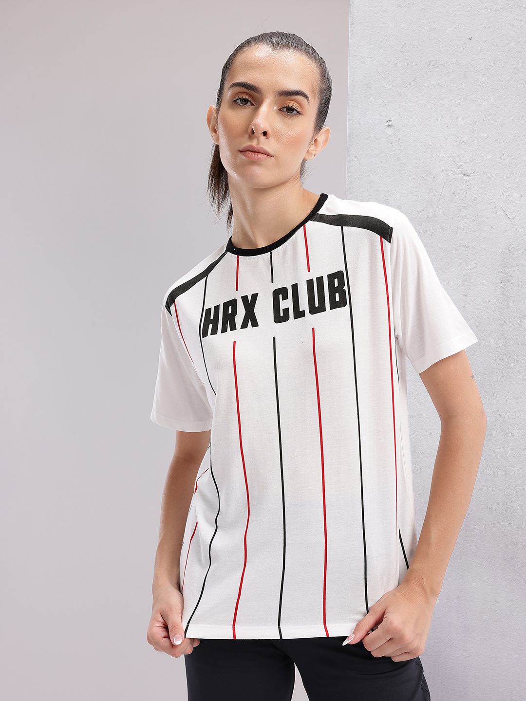 HRX by Hrithik Roshan Women Brand Logo Printed Striped T-shirt