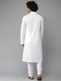 See Designs Men White Embroidered Chikankari Pure Cotton Kurta with Pyjamas