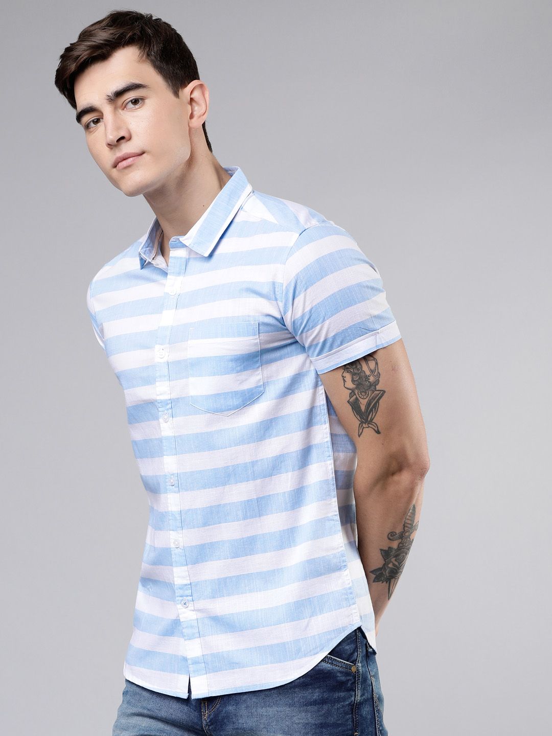 HIGHLANDER Men White & Blue Slim Fit Striped Casual Shirt