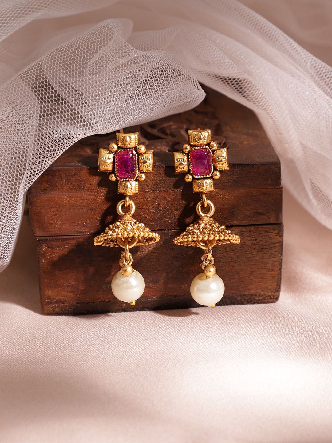 Rubans 22K Gold Plated Handcrafted Ruby Stone Studded and Gold Beaded Jewellery Set