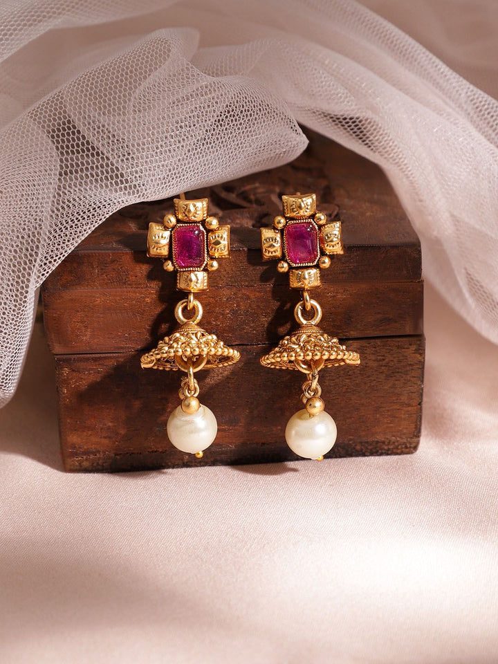 Rubans 22K Gold Plated Handcrafted Ruby Stone Studded and Gold Beaded Jewellery Set