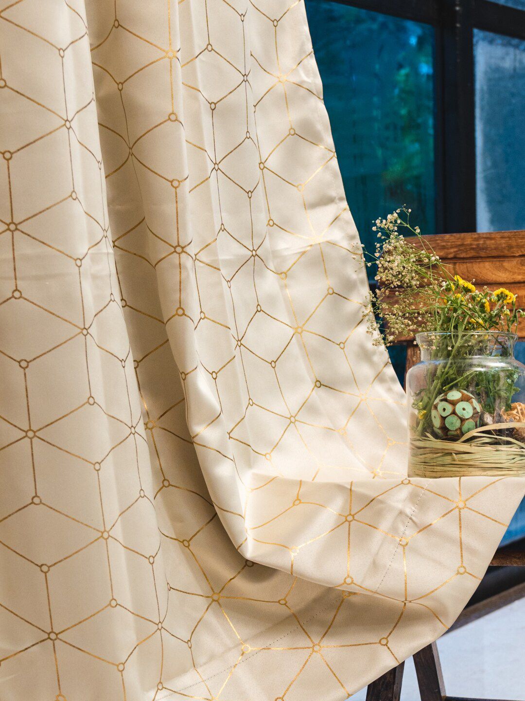 URBAN SPACE Beige & Gold-Toned Geometric Print Black Out Long Door Curtain