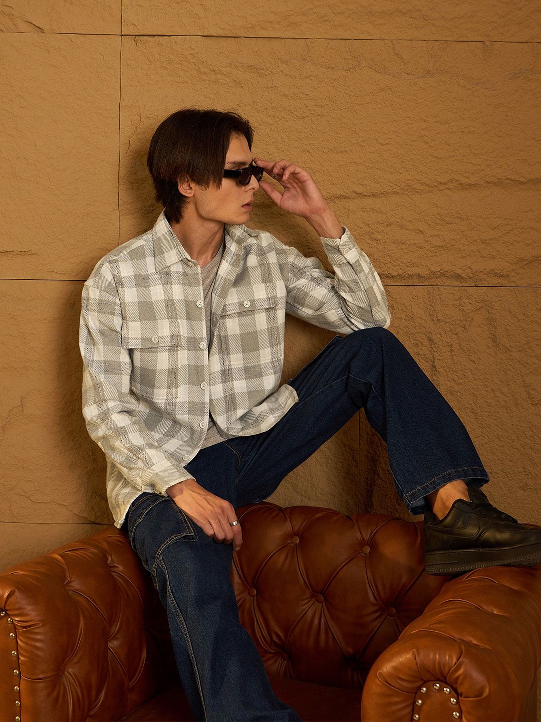 DENNISON Men Double Pocket Drop Shoulder Oversized Cotton Checked Shacket