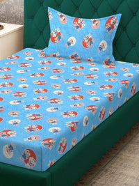 Moda Rapido X KLOTTHE Blue Cartoon Characters 400 TC Single Bedsheet with 1 Pillow Covers