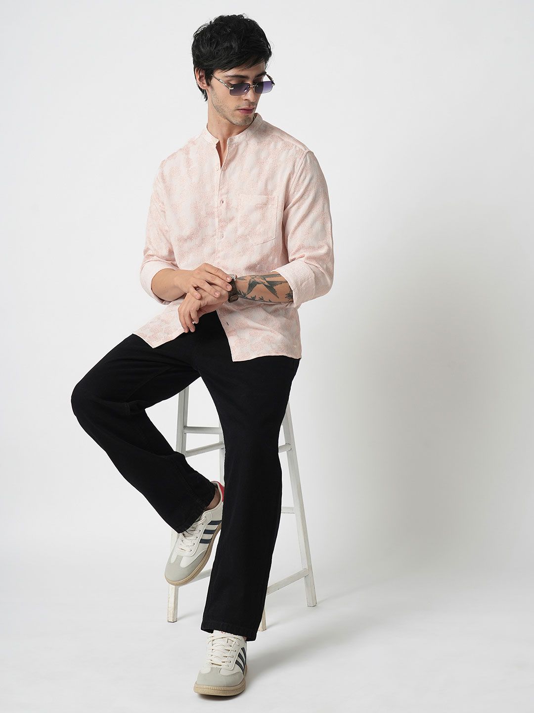 VASTRADO Men Classic Band Collar Floral Printed Slim Fit Casual Shirt