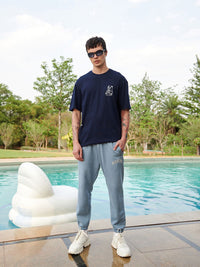 Bewakoof Navy Blue Graphic Printed Drop-Shoulder Sleeves Oversized Pure Cotton T-shirt