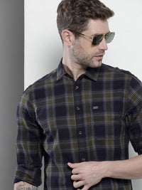 The Indian Garage Co Men Navy Blue Cotton Tartan Checked Casual Shirt