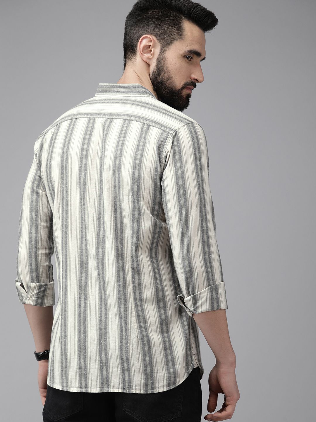 THE BEAR HOUSE Men Beige & Grey Slim Fit Striped Cotton Casual Shirt