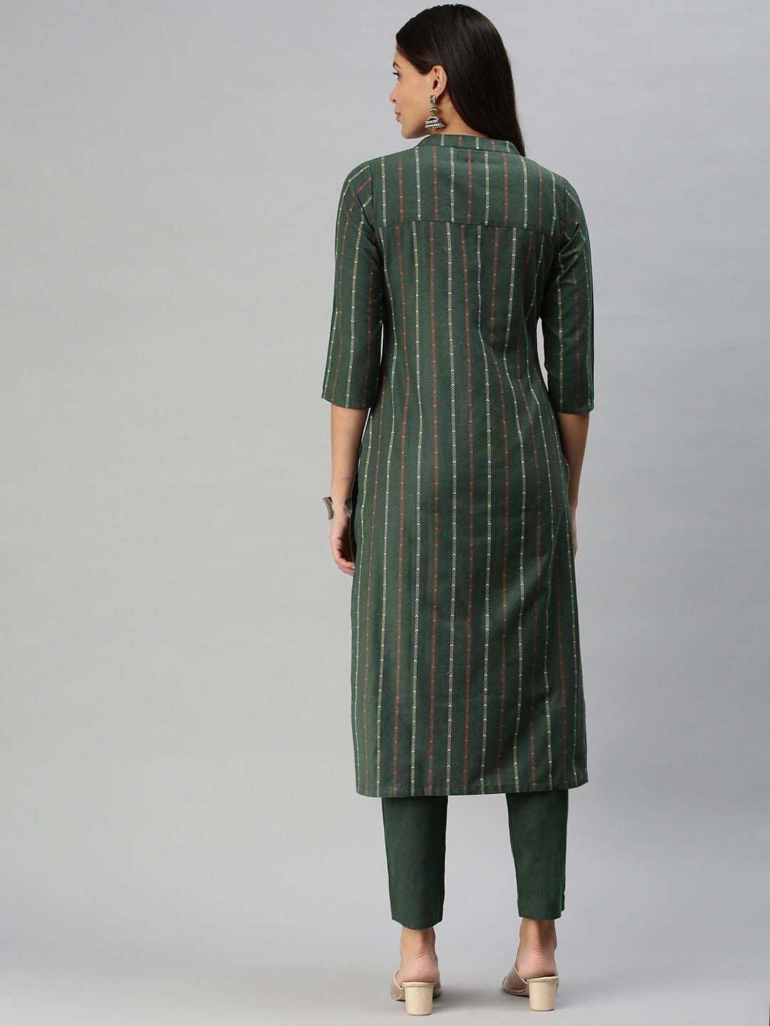 KALINI Mandarin Collar  Woven Design Kurta with Trousers