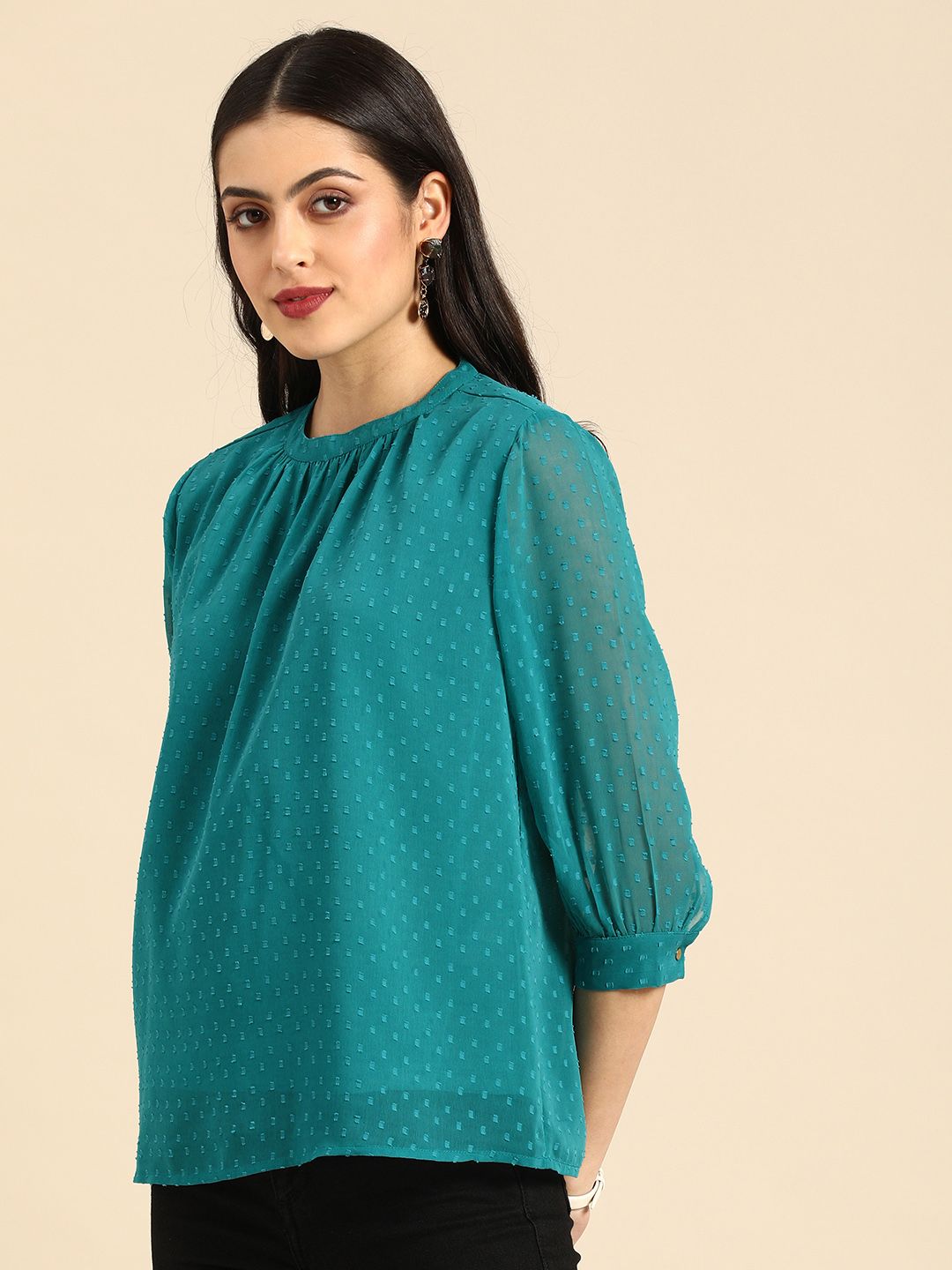 all about you Women Sea Green Self Designed Dobby Regular Top