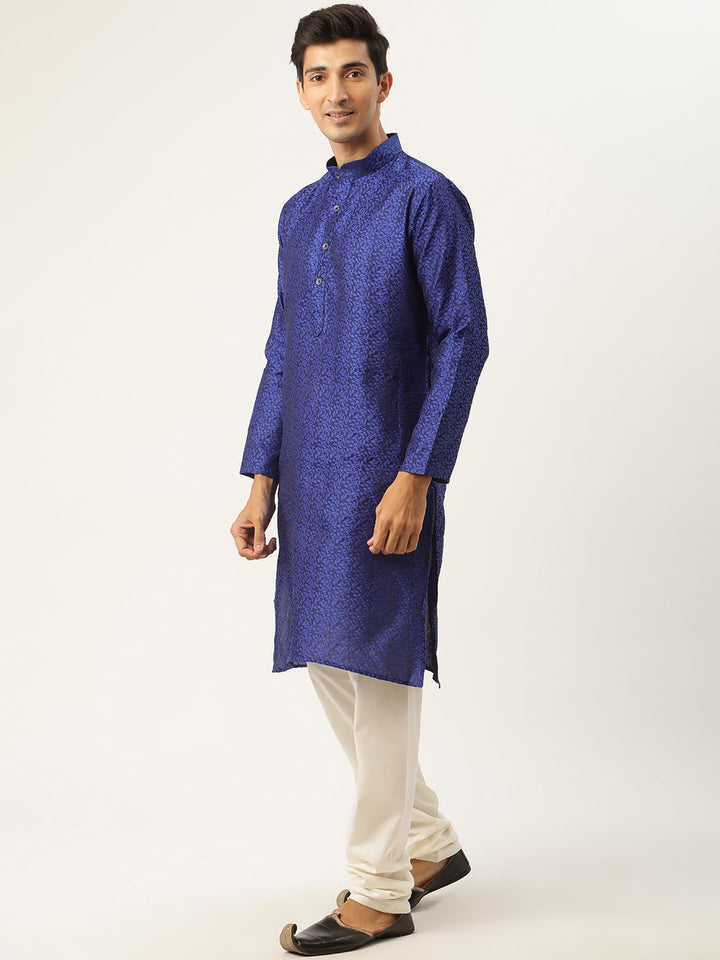 SOJANYA Men Blue Jacquard Silk Kurta with Churidar & Nehru Jacket