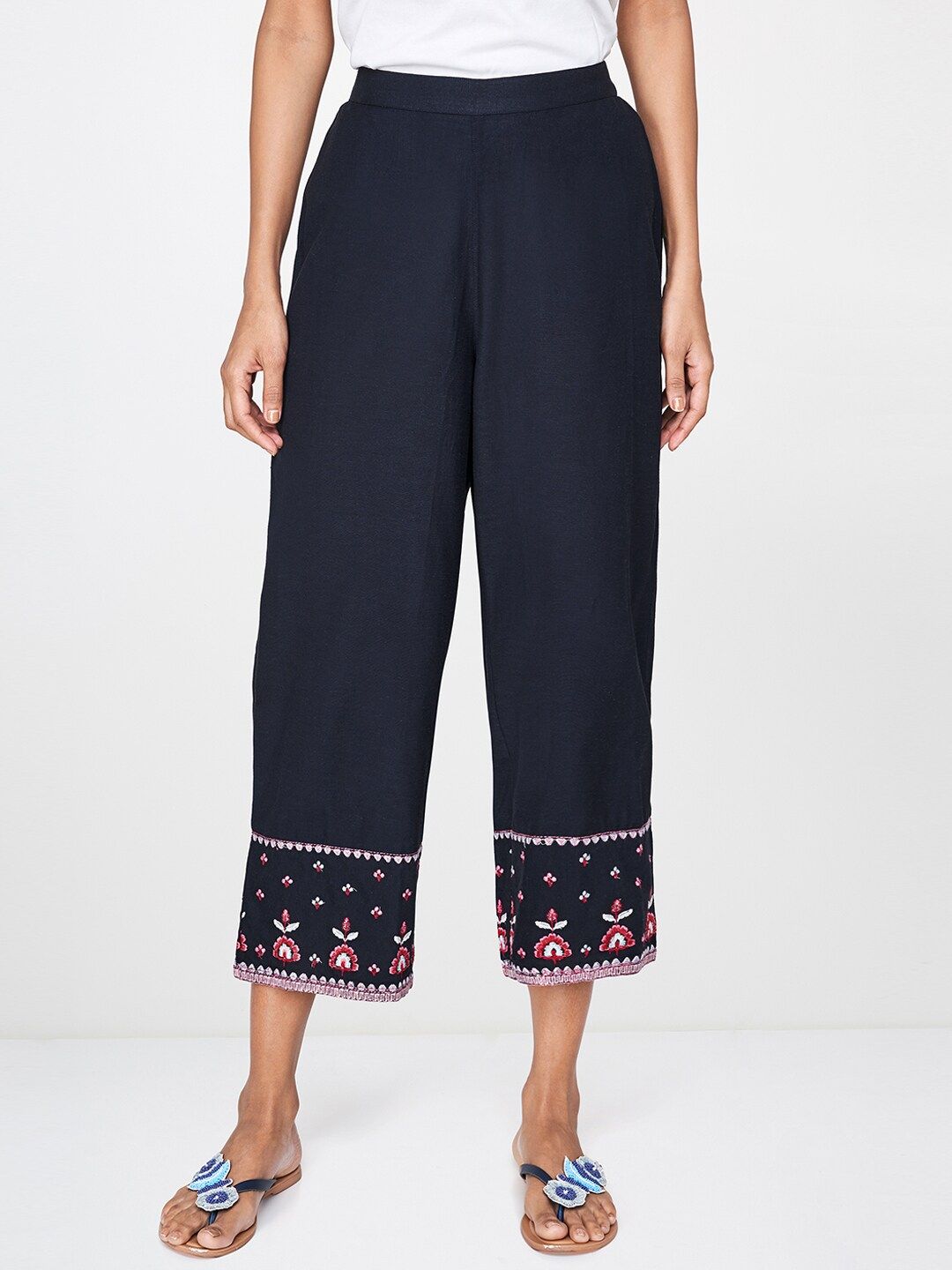 Global Desi Women Navy Blue Regular Fit Embroidered Culottes