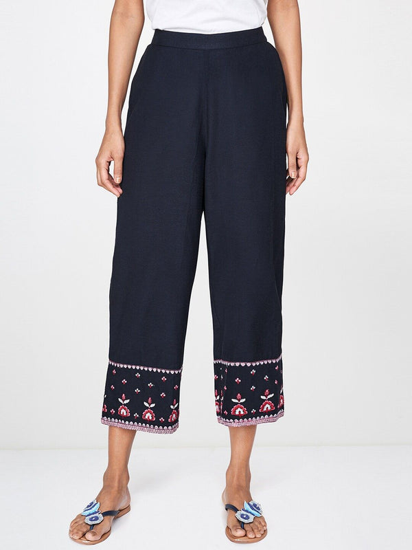 Global Desi Women Navy Blue Regular Fit Embroidered Culottes
