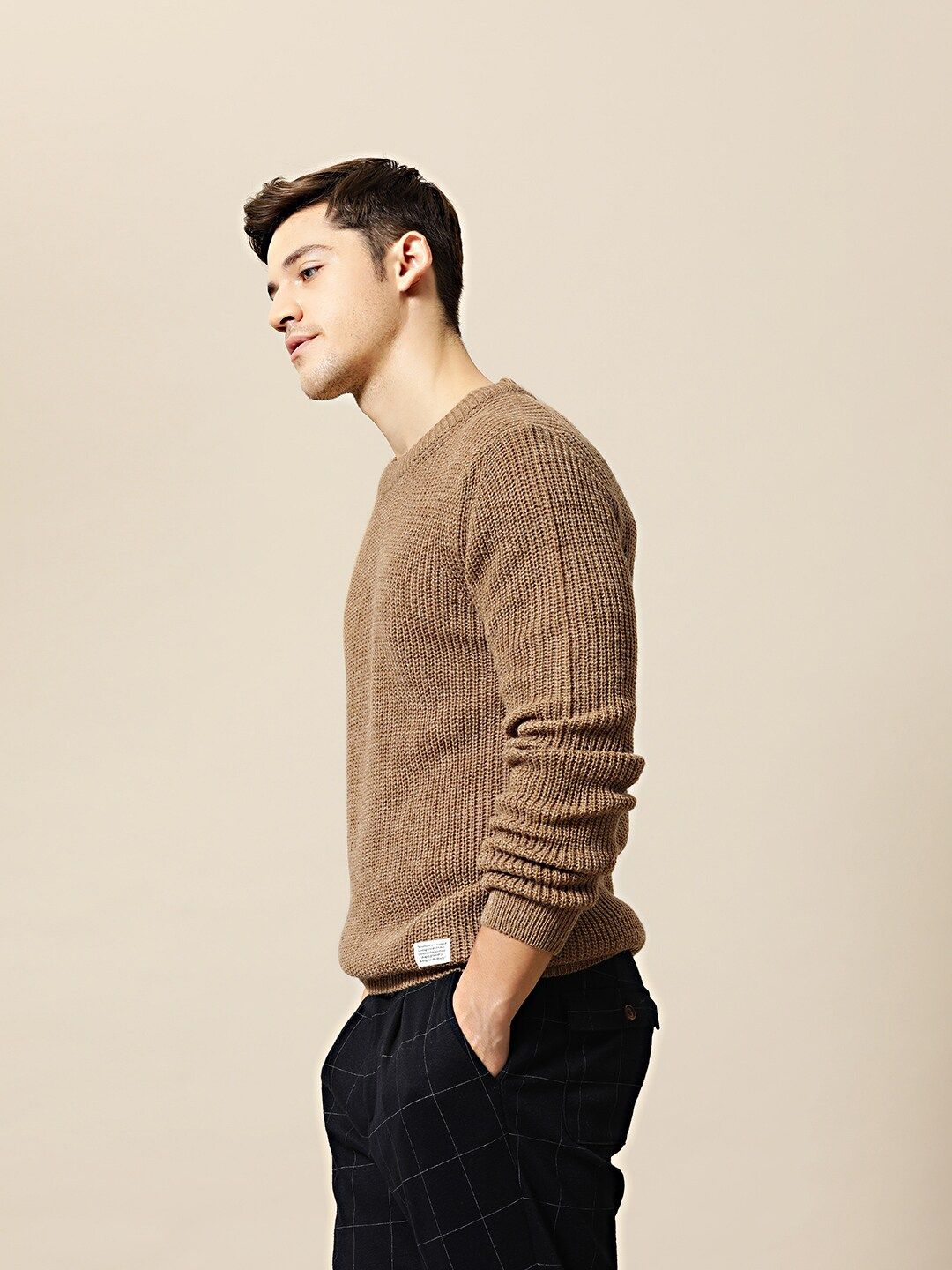Mr Bowerbird Men Beige Tailored Fit Solid Pullover