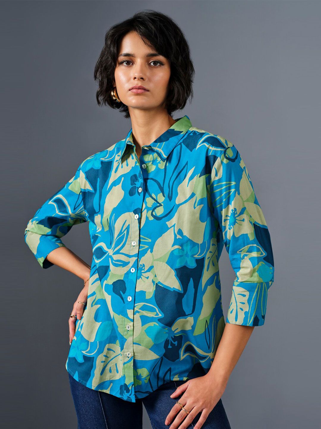 AND Floral Printed Shirt Collar Cuffed Sleeves Pure Cotton Shirt Style Top