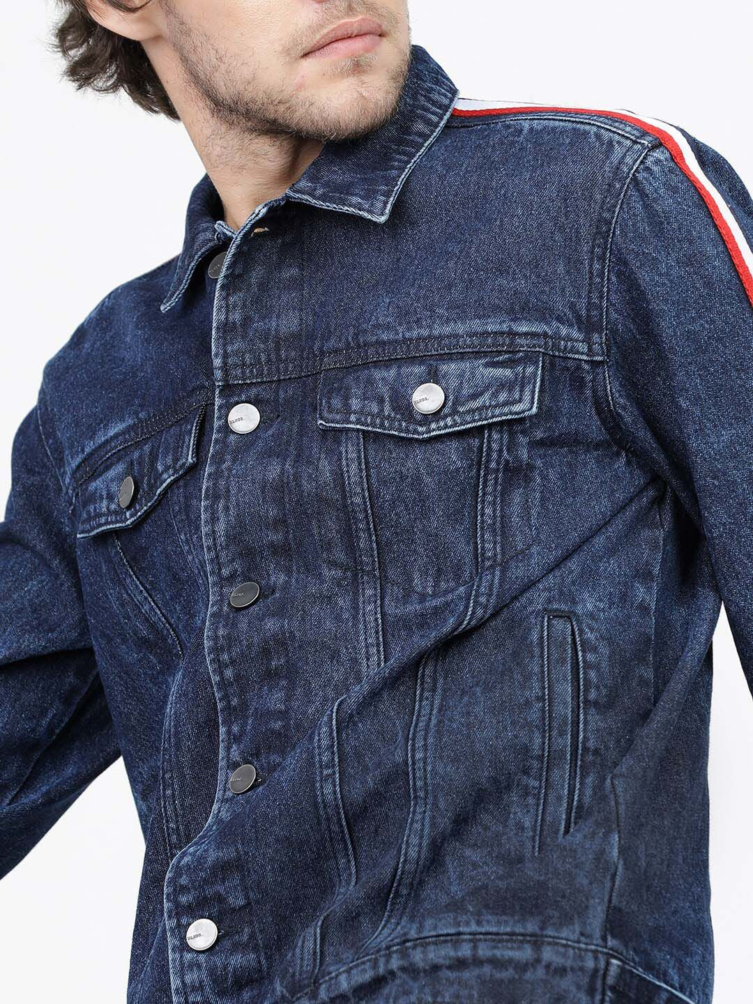 HIGHLANDER Men Blue Washed Denim Jacket with Patchwork