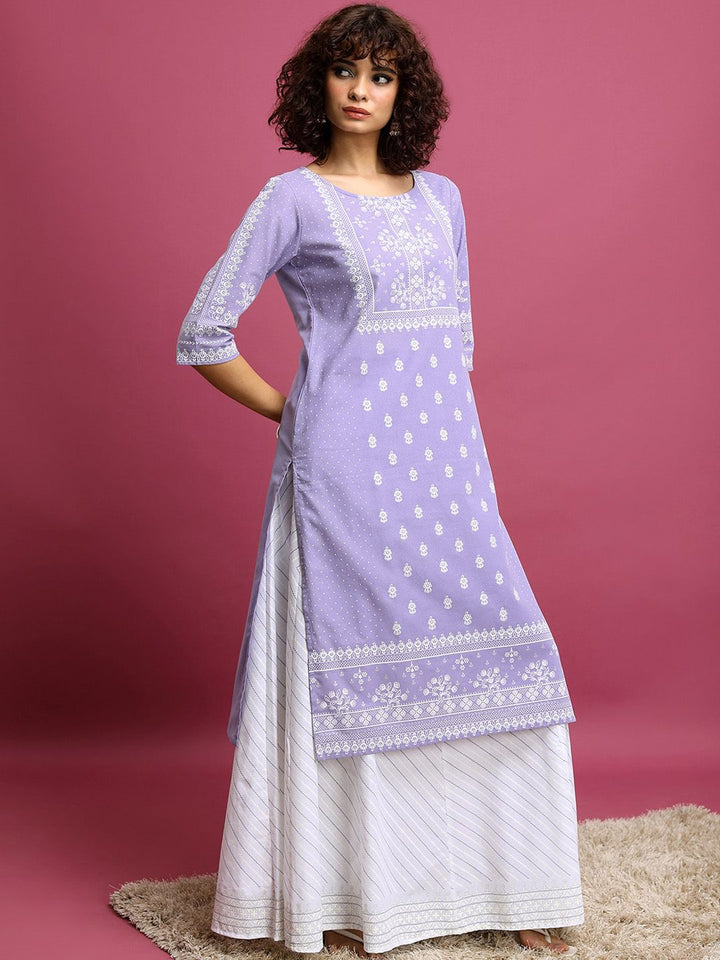 Vishudh Lavender Ethnic Motifs Printed Round Neck Pure Cotton Kurta & Skirt