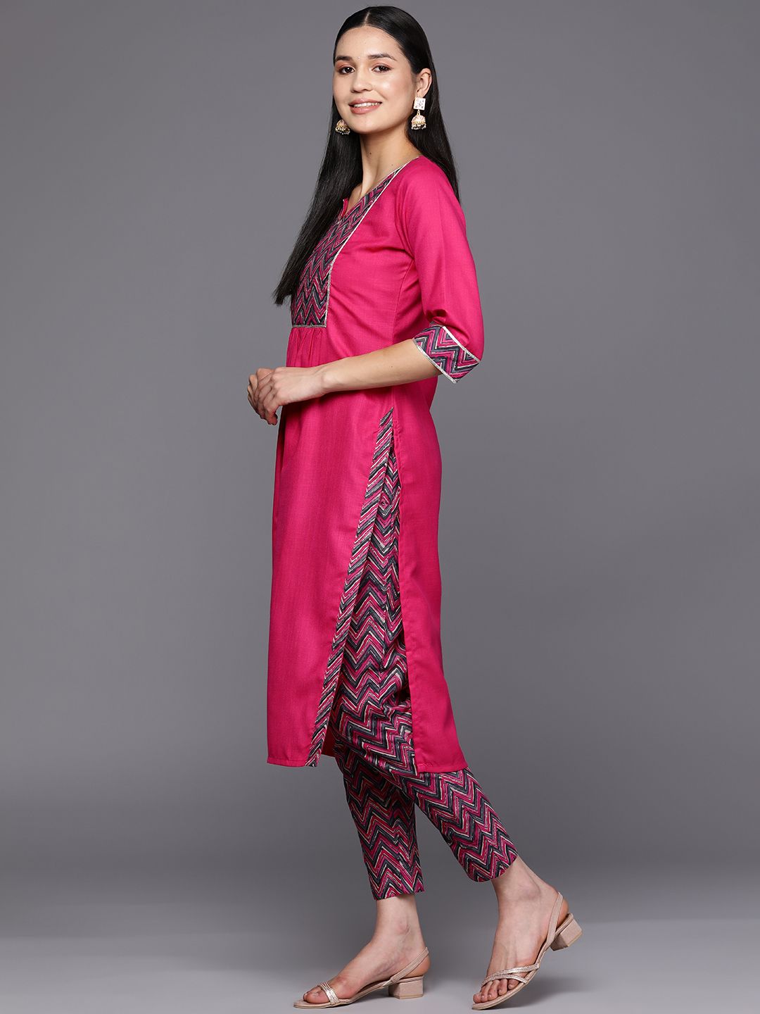 Libas Women Pink Yoke Design Gotta Patti Kurta with Trousers & With Dupatta