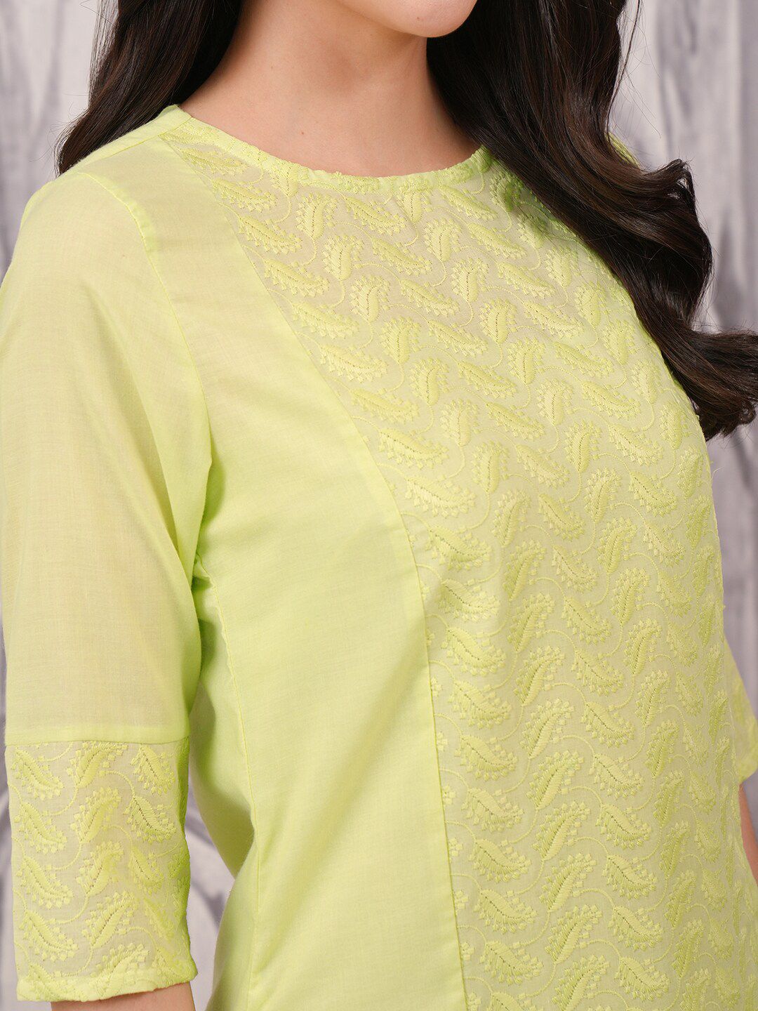 Vishudh Yellow Floral Thread Work Round Neck A-Line Kurta