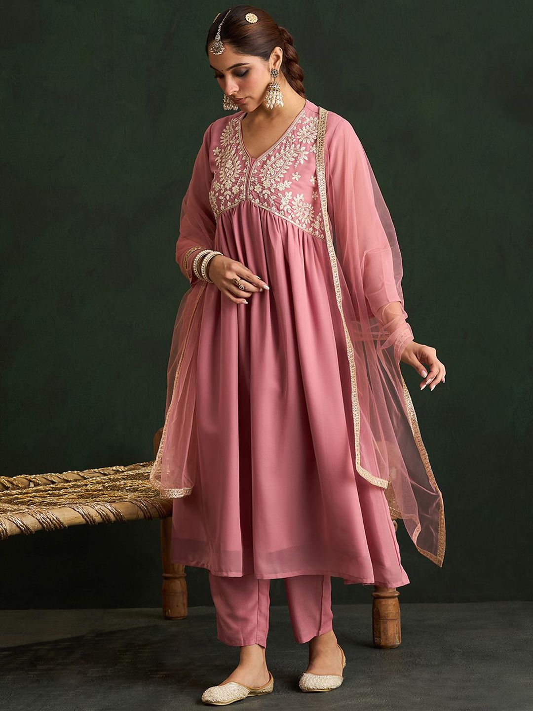 Indo Era Mauve Paisley Embroidered V-Neck Georgette A-Line Kurta with Trousers & Dupatta