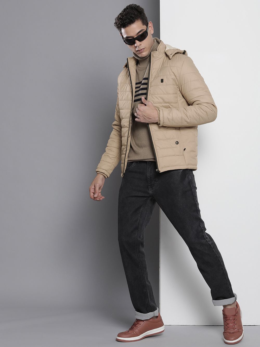 The Indian Garage Co Men Zip- Front Puffer Jacket with Detachable Hood