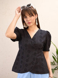 SASSAFRAS Black Self Design Schiffli Cotton Peplum Wrap Top
