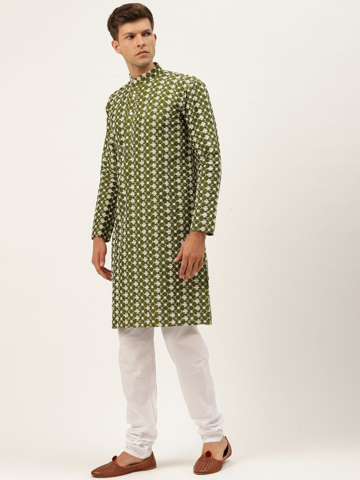 SOJANYA Men Green Ethnic Motifs Embroidered Thread Work Kurta with Churidar