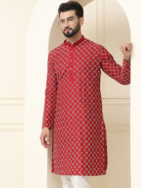 SOJANYA Geometrik Sulam Benang Kerja Sutera Cotton Kurta