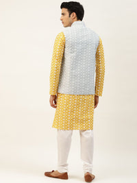 SOJANYA Kurta Kerja Benang Sulam Kuning & Putih Lelaki dengan Jaket Churidar & Nehru