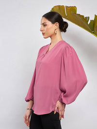 SASSAFRAS Mandarin Collar Puff Sleeve Georgette Top