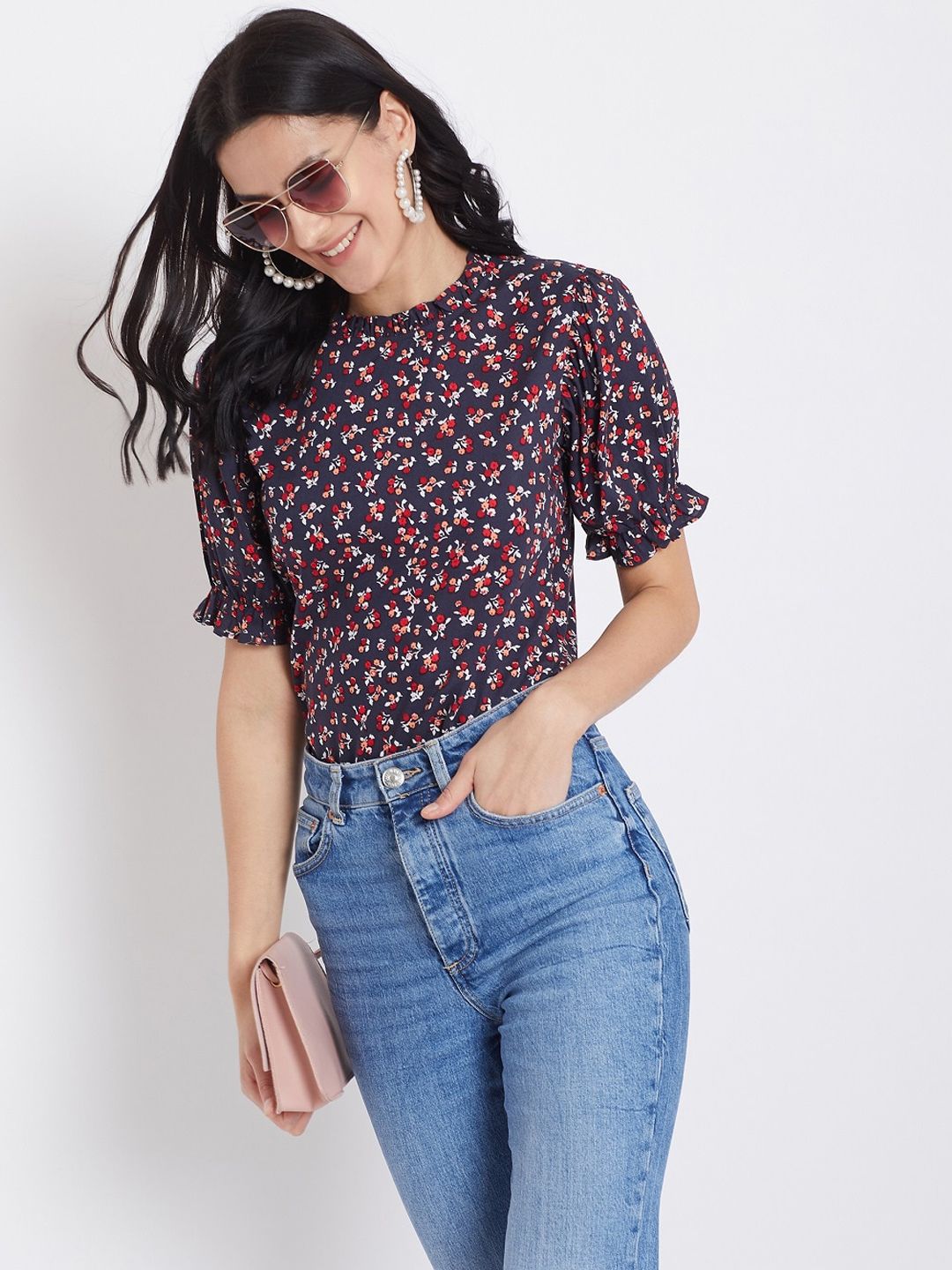 Berrylush Navy Blue Floral Printed Top With Puff Sleeves