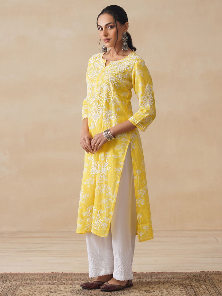House of Chikankari Women Yellow Mulmul Chikankari Embroidered Kurta