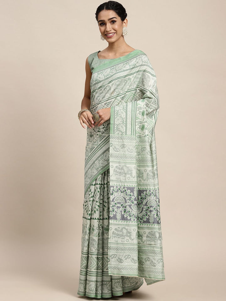 Saree mall Sea Green & White Ethnic Motifs Block Print Sarees