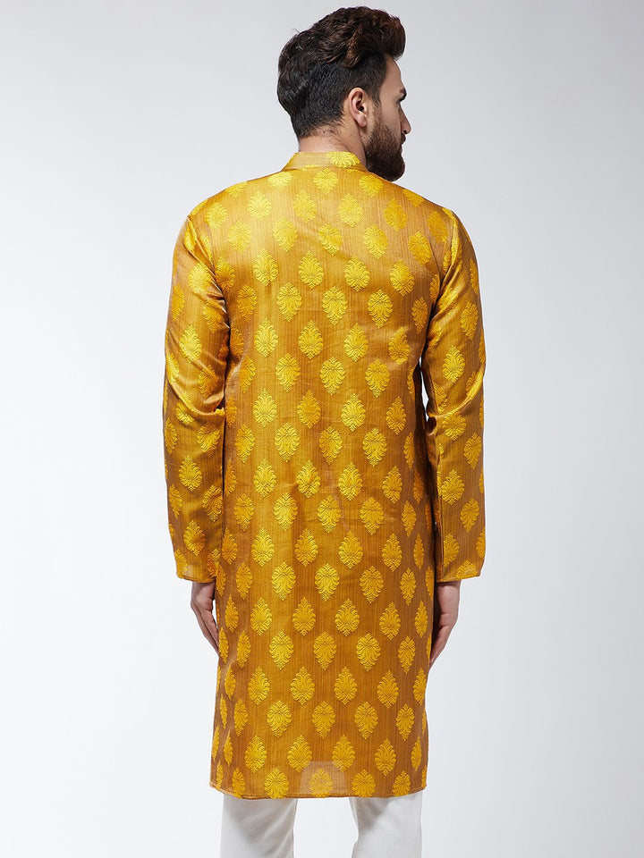 SOJANYA Lelaki Mustard Jacquard Silk Sulam Kurta Lurus
