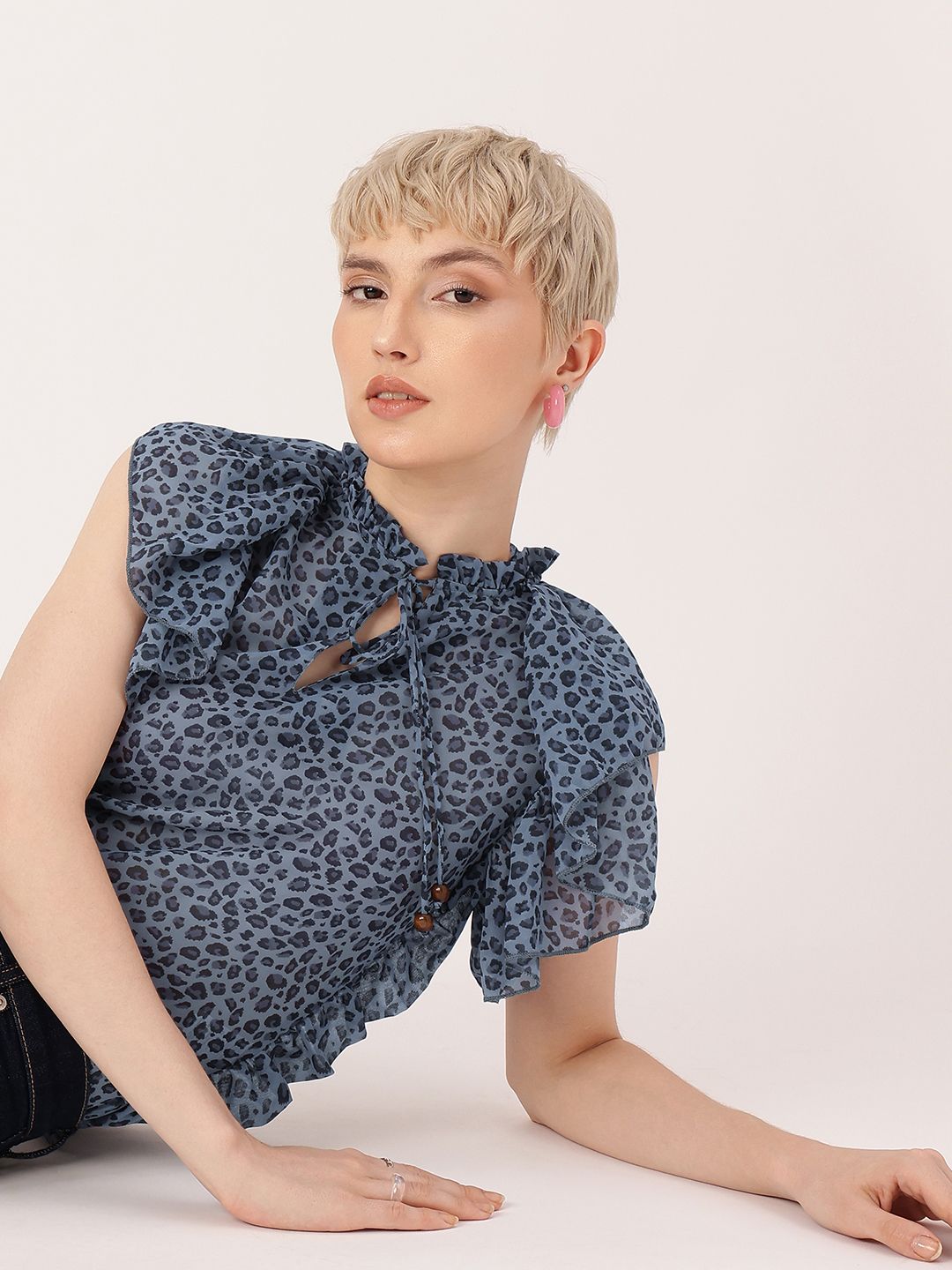 DressBerry Playful Glam Animal Skin Printed Tie-Up Neck Semi Sheer Gathers Top