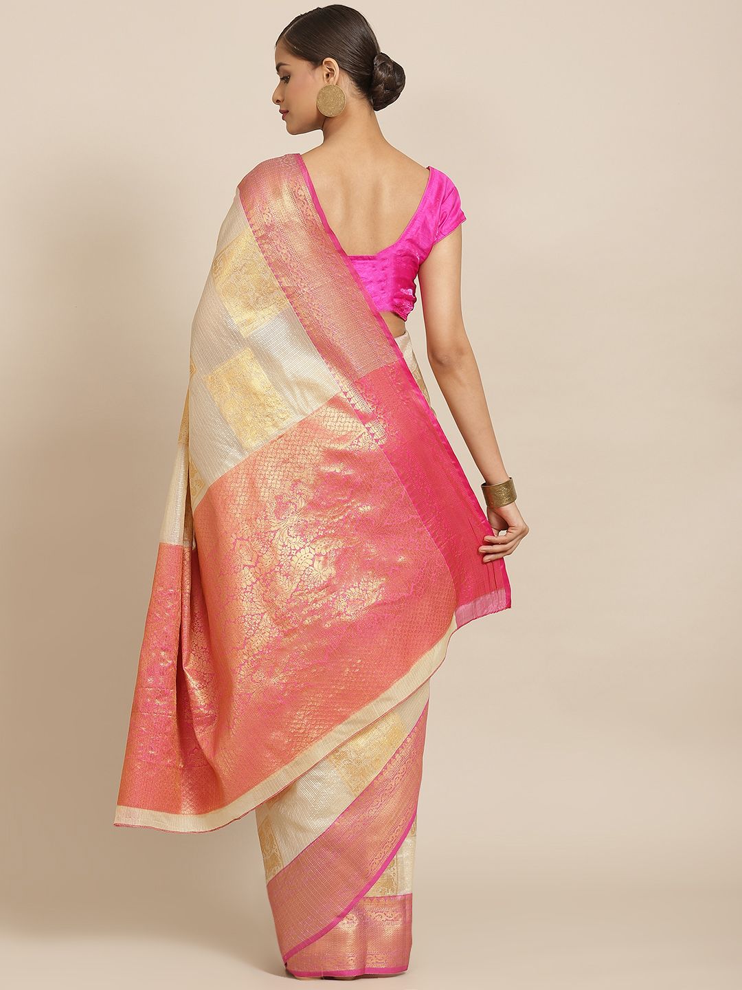 Silk Land Beige & Pink Woven Design Zari Jute Silk Tussar Saree