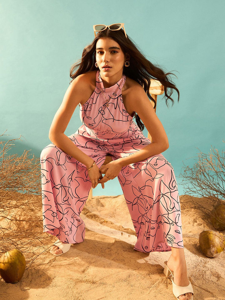 Berrylush Pink Abstract Printed Halter Neck Basic Jumpsuit