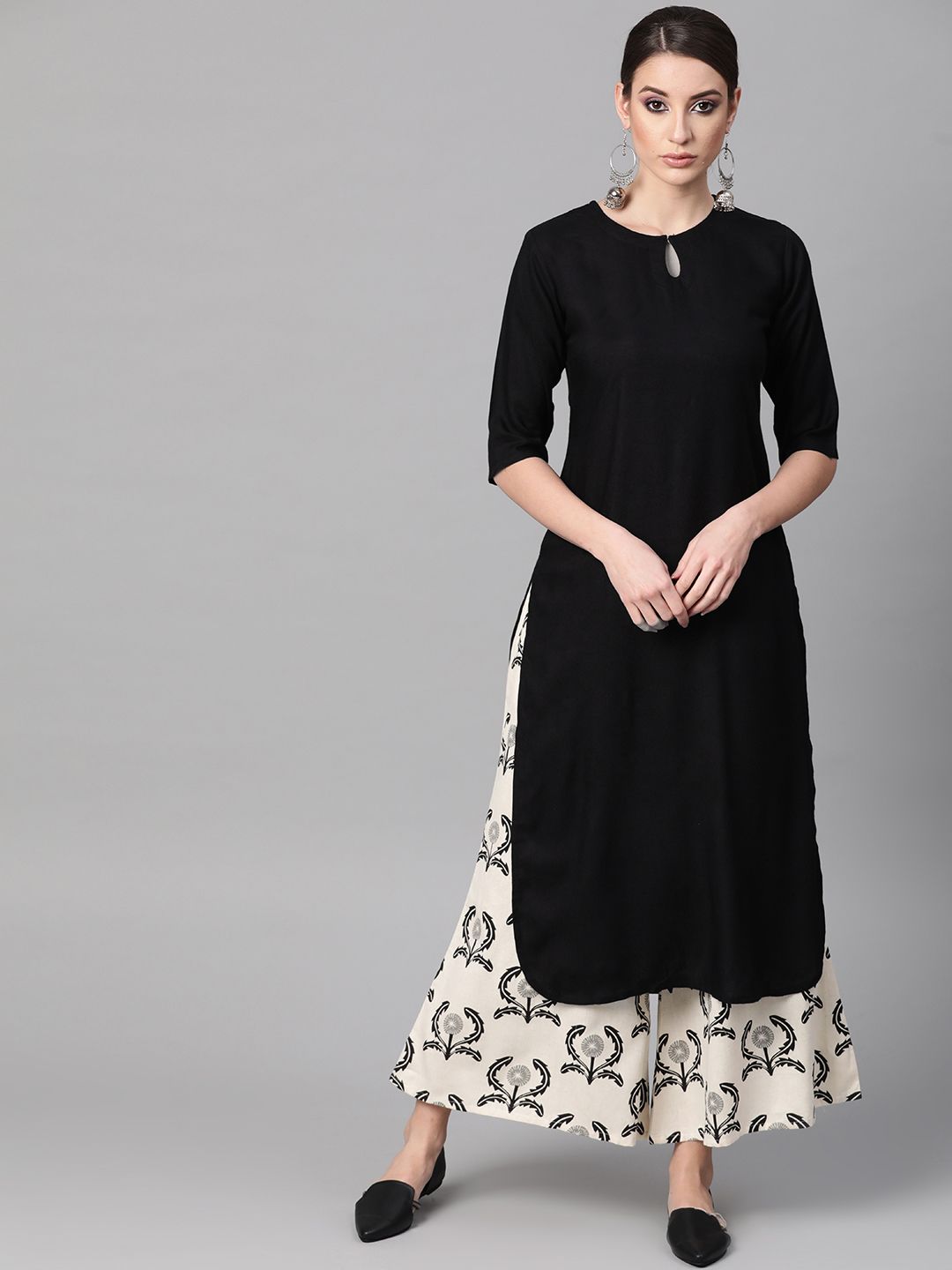 Gerua By Libas Women Black  Off-White Solid Kurta with Palazzos