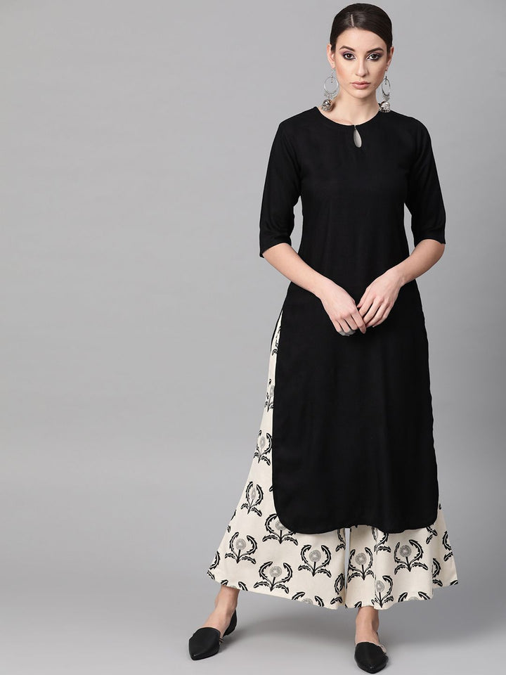 Gerua By Libas Women Black  Off-White Solid Kurta with Palazzos