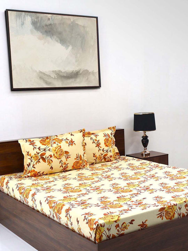 BOMBAY DYEING Cardinal Beige Floral 120 TC Cotton Queen Bedsheet Set-2.24 m X 2.54 m